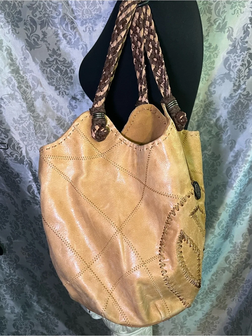 The Sak Tan Vintage Peace Sign Leather Hobo with Braided Handles
